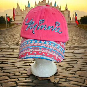 Disney Parks Youth Hot Pink Script Minnie Embroidered Hat Aztec BRIM 54-58cm